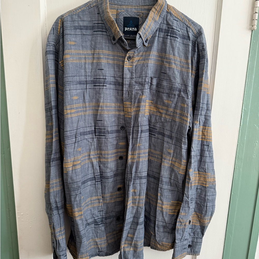 Prana Men's Gray and Gold Striped Shirt